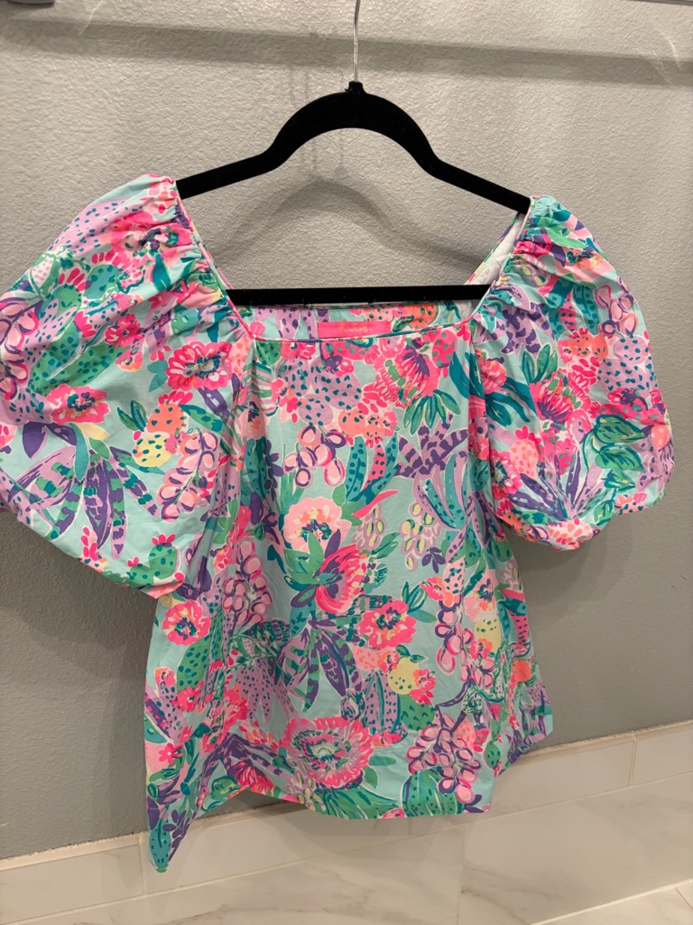 Lilly Pulitzer Aqua Floral Puff-Sleeve Blouse